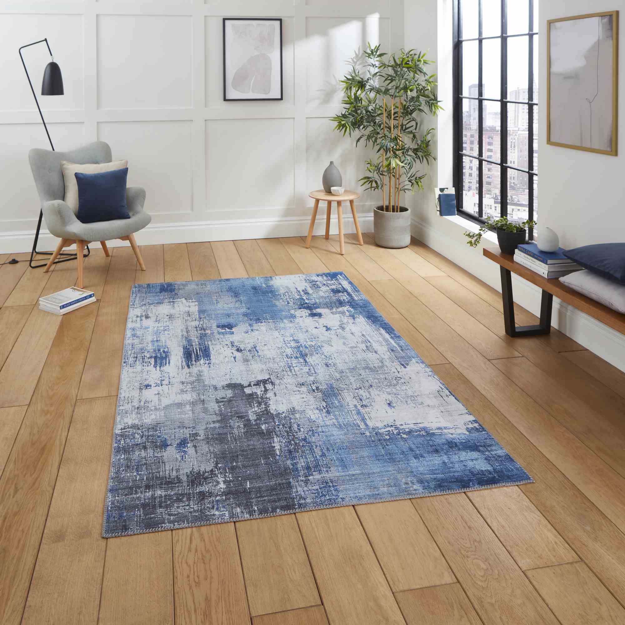 Rio G5536 Modern Distressed Abstract Rug In Grey Blue